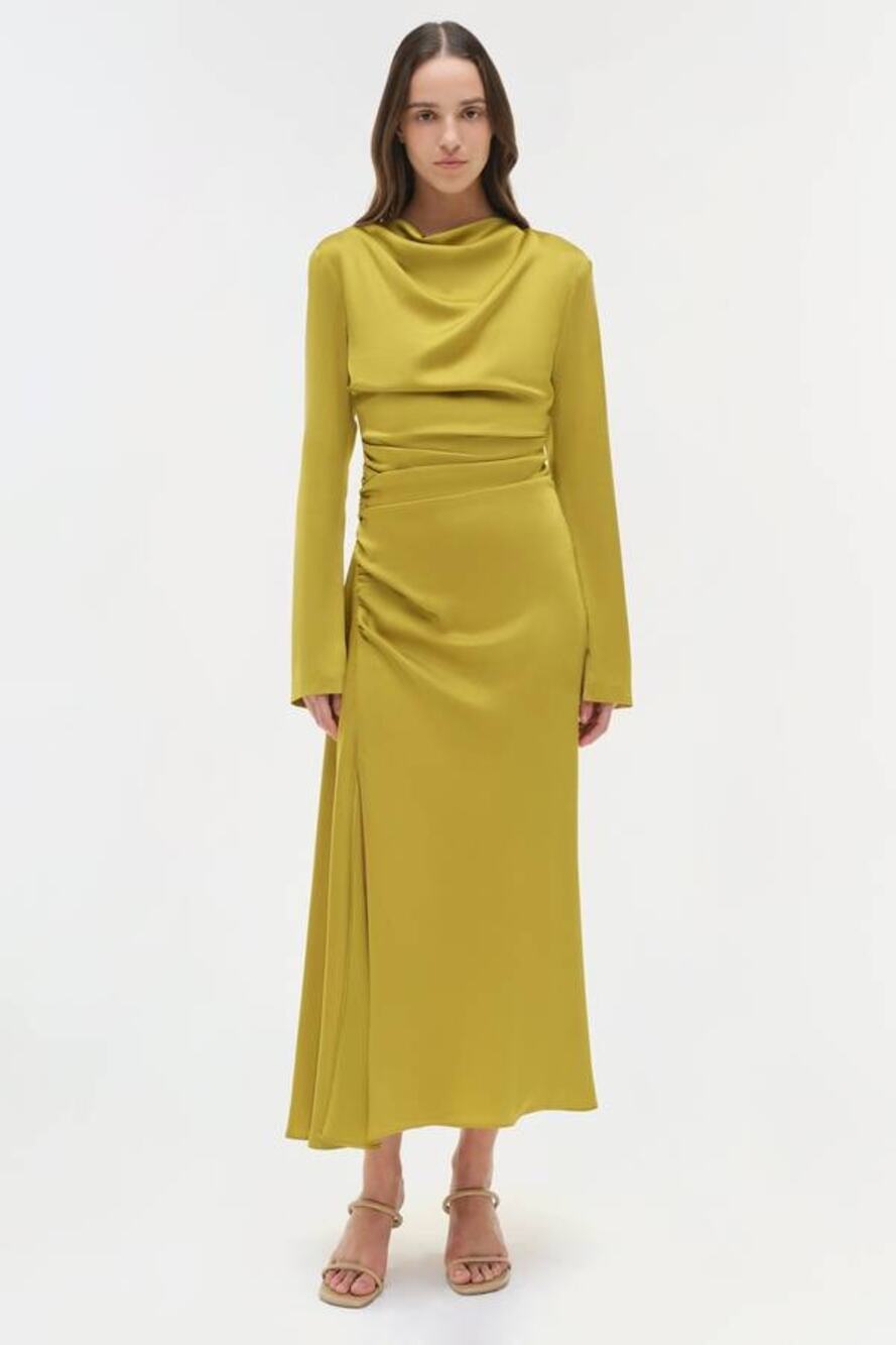 Simkhai Odessa Satin Midi Dress in Pear 6